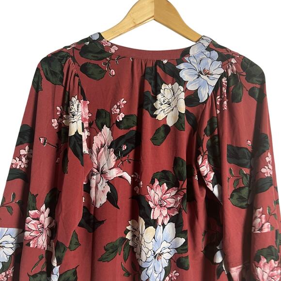 Banana Republic Red Floral Print 3/4 Long Sleeve Split V-Neck Popover Blouse XS - Picture 7 of 9